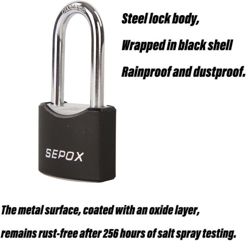 SEPOX ® Twins 1-9/16" All-Weather Outdoor Padlocks Keyed Alike, Long Shackle, Solid Steel Lock, Heavy-Duty with Black Cover, Design for Gate Fence Cabinet Toolbox School Gym Locker with 2pcs Same Key - Image 2